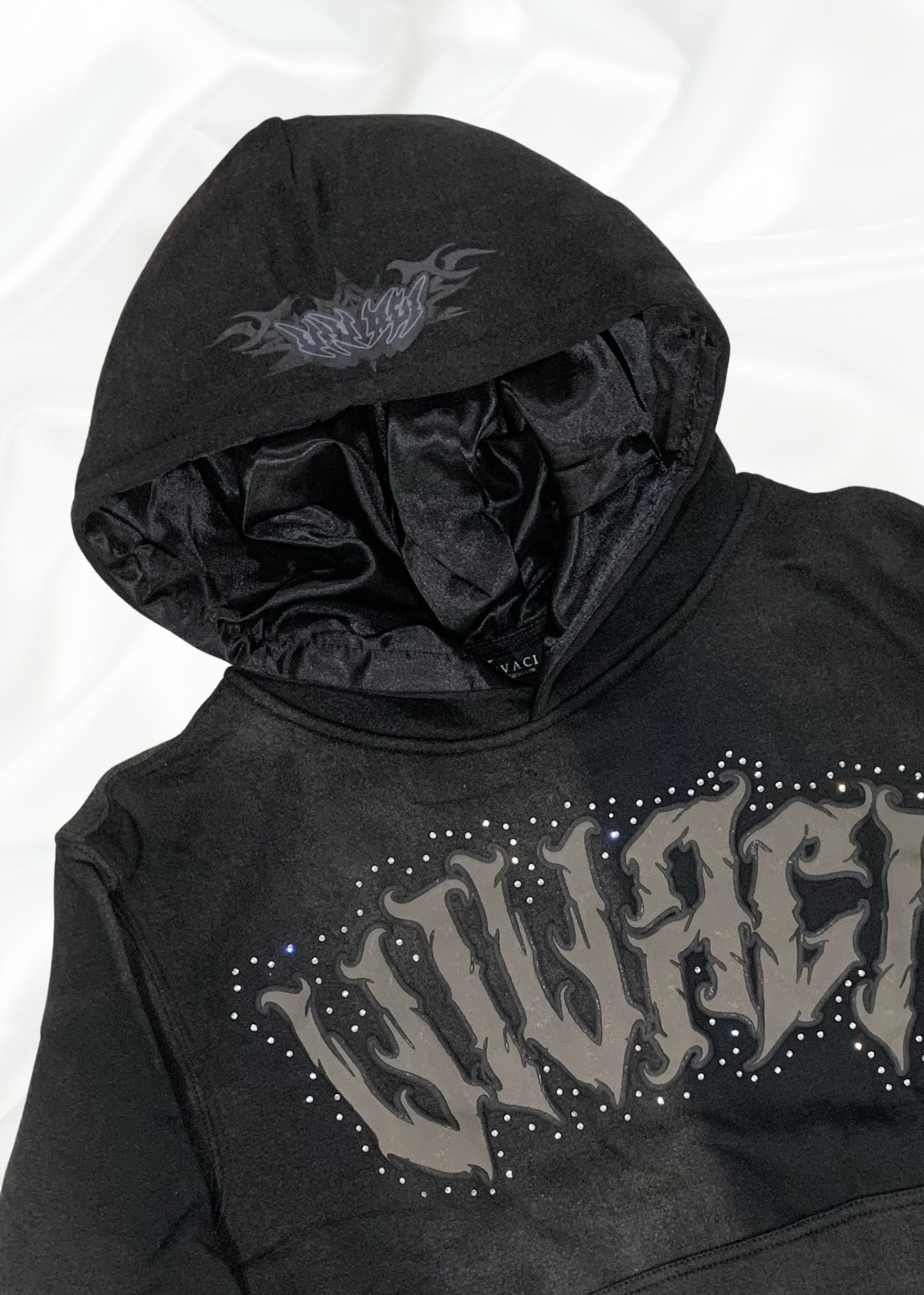 Paradox Collection: Black Acid Wash Puff Print Rhinestone Hoodie