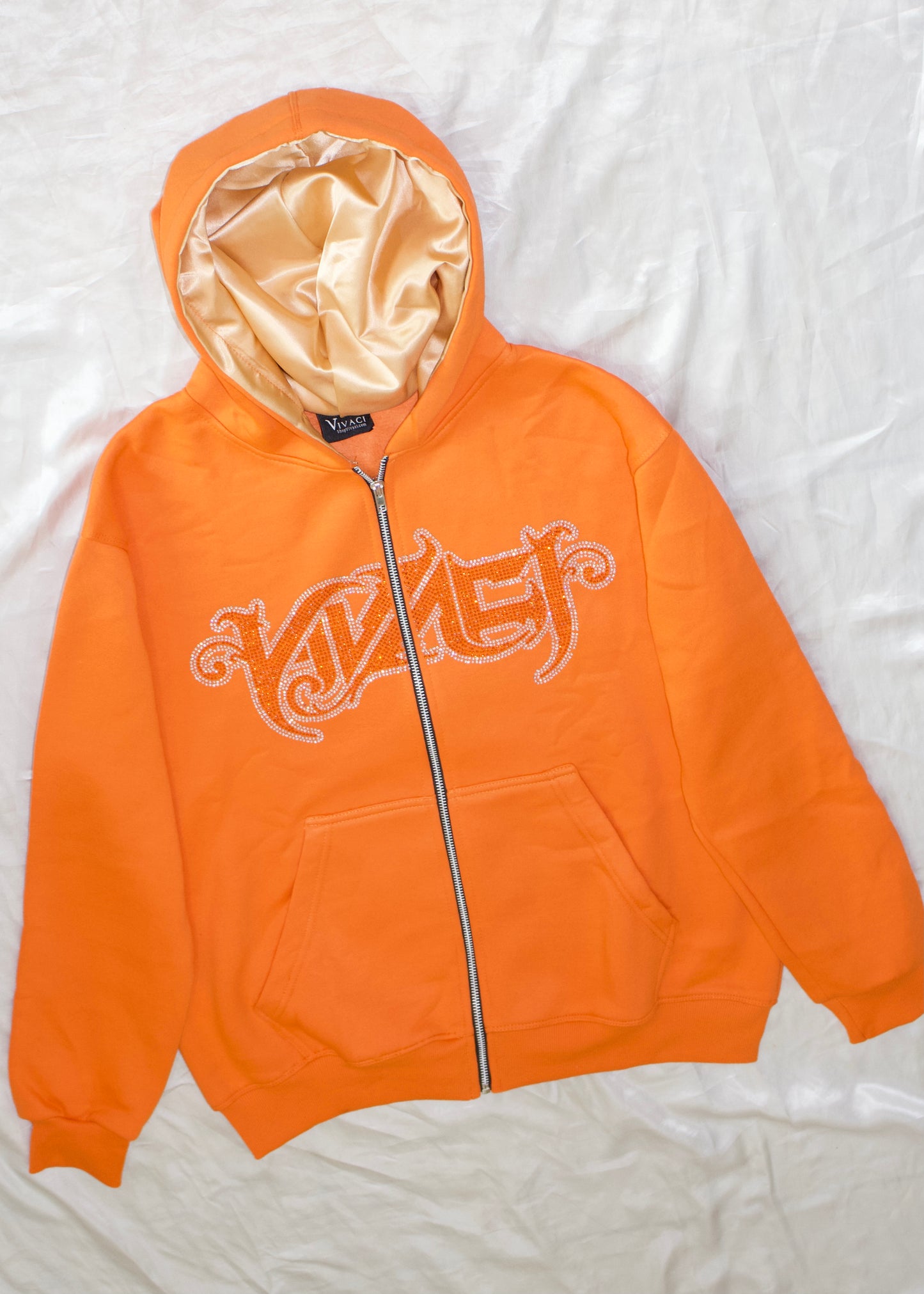 Allure Collection: Orange Rhinestone Zip Up Hoodie
