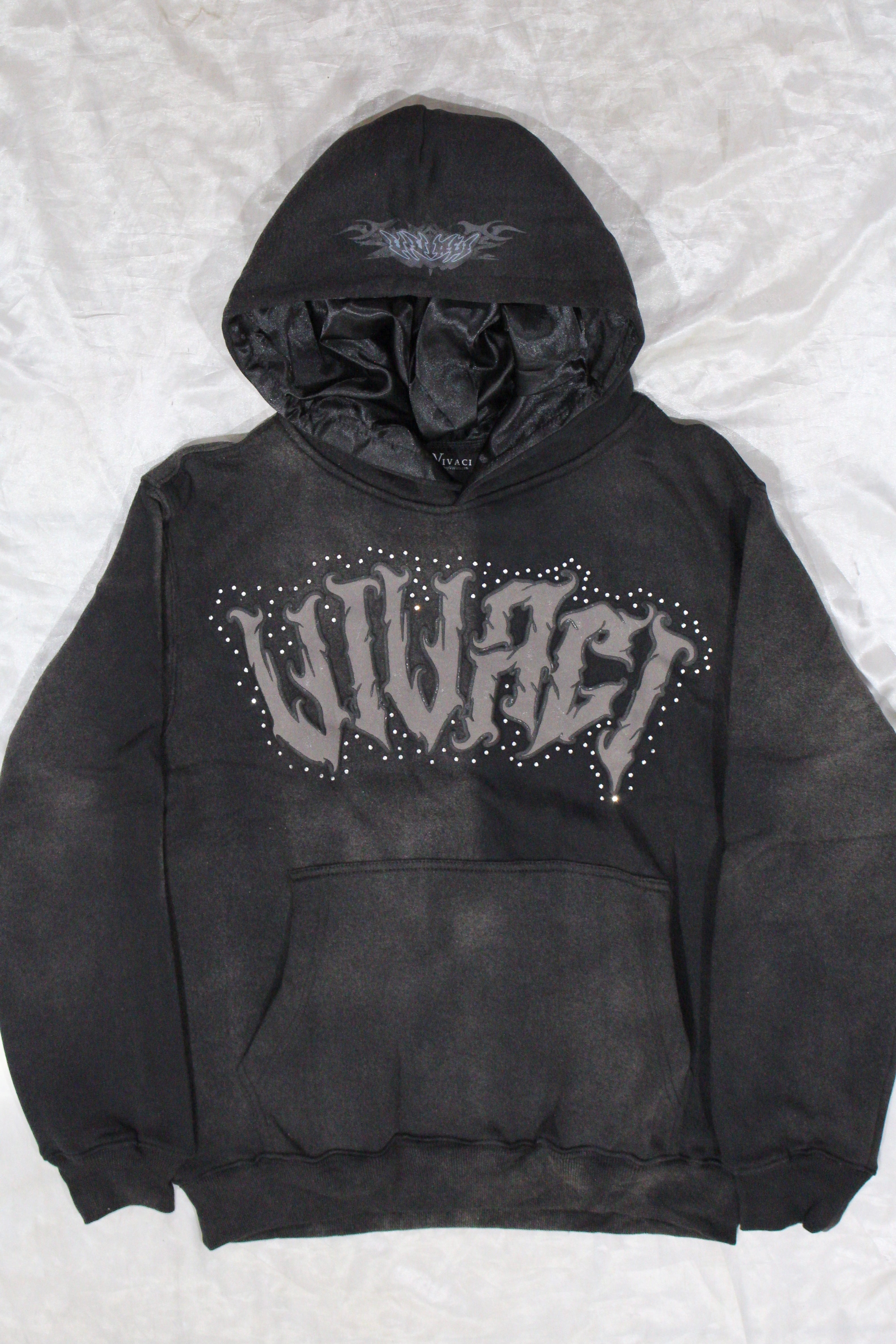 Paradox Collection: Black Acid Wash Puff Print Rhinestone Hoodie