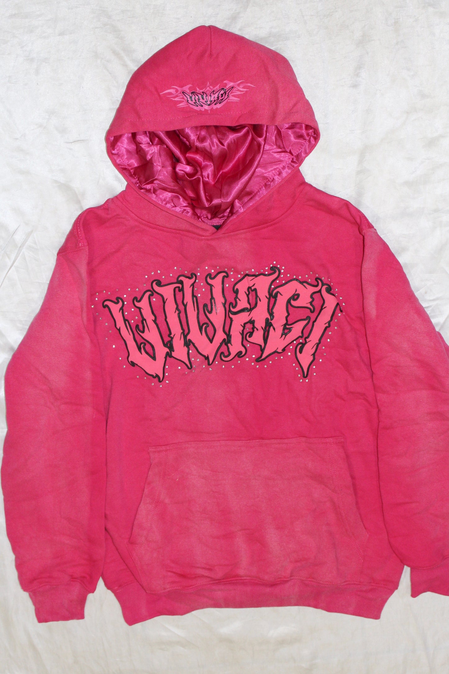 [Limited Edition] Paradox Collection: Hot Pink Acid Wash Puff Print Rhinestone Hoodie