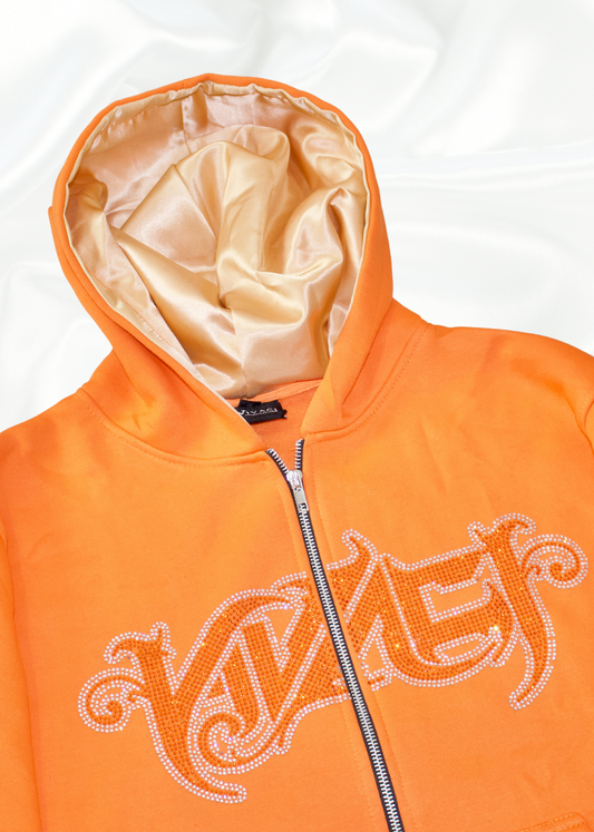 Allure Collection: Orange Rhinestone Zip Up Hoodie