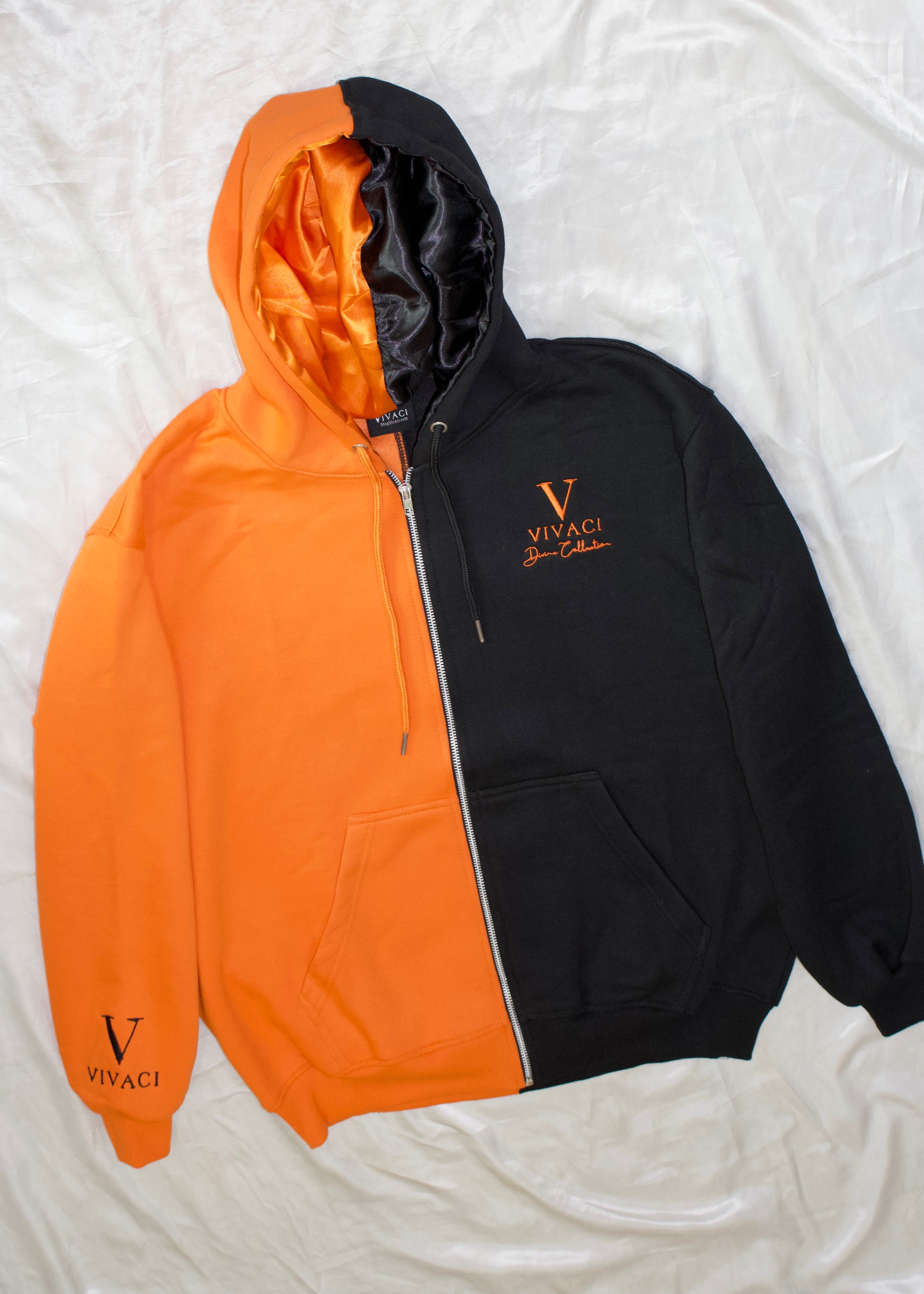 Orange Black Split Color Zip Up Hoodie VIVACI